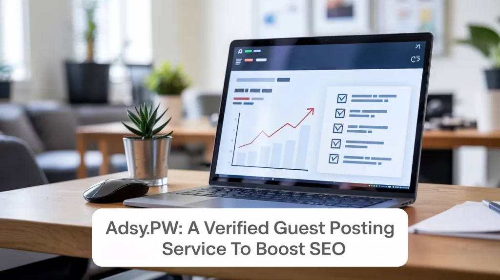 Adsy.pw/hb5 guest posting service dashboard showing SEO growth and checklist on laptop screen