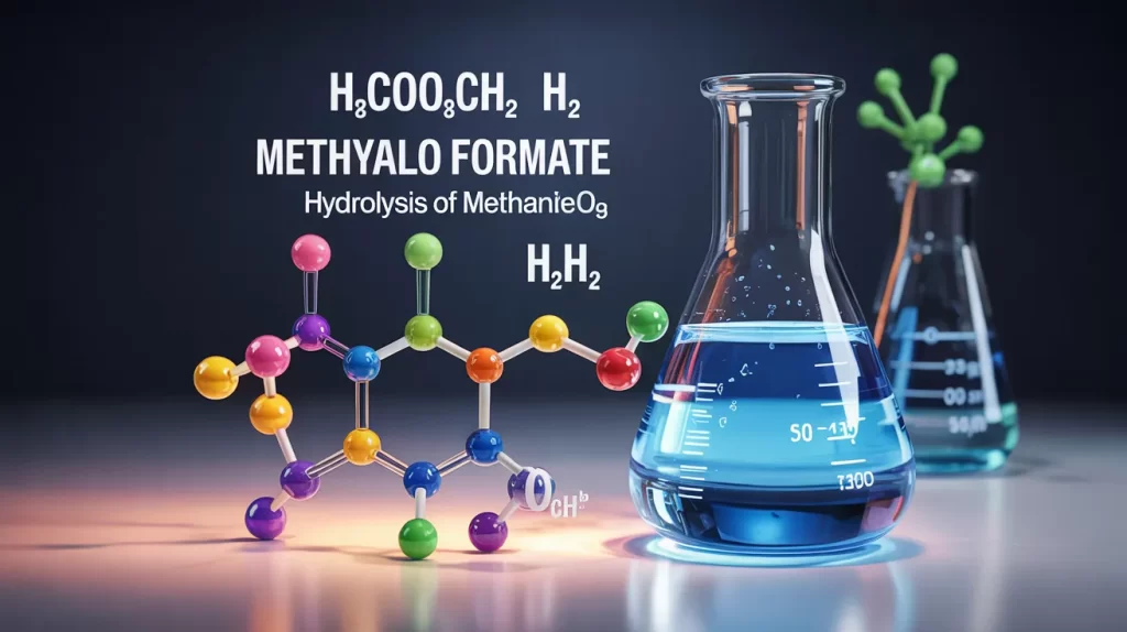 hcooch ch2 h2o chemical reaction with colorful molecular structure and laboratory beakers