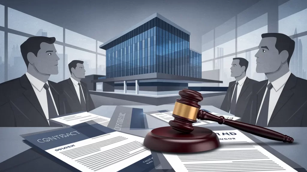 Illustration depicting a courtroom scene with suited figures, a gavel, legal documents, and an office building backdrop, representing the Ashcroft Capital Lawsuit