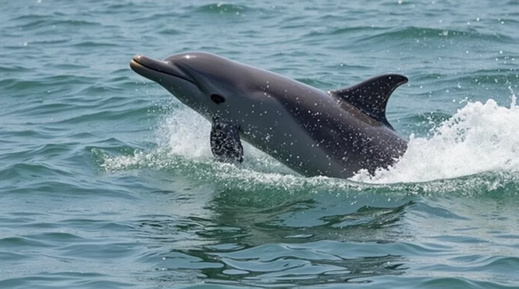 A dolphin leaping out of the ocean water with splashes around.