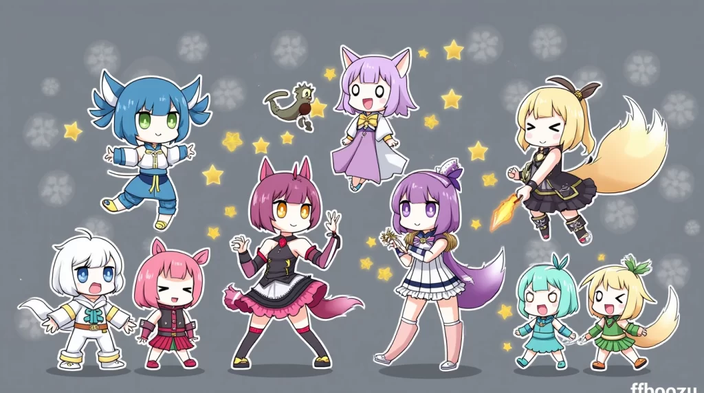 Colorful anime-style chibi characters floating with stars on a gray background from the ffbooru digital art platform