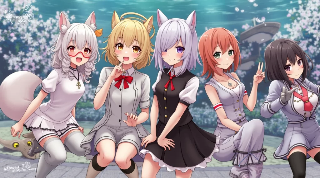 Anime-style fox-eared girls posing together under cherry blossoms, featured on ffbooru digital art site