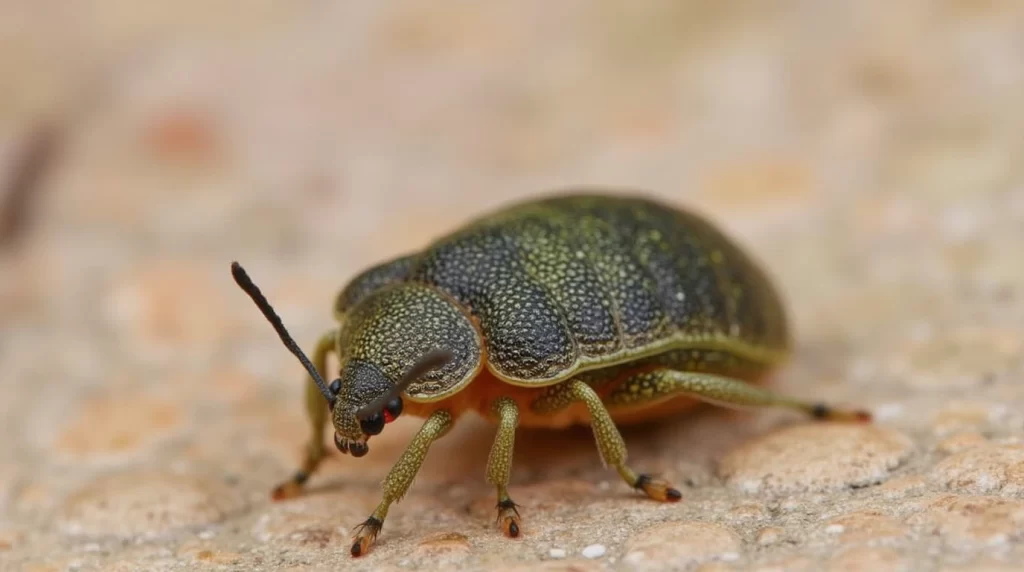 Close-up of a green beetle on a surface symbolizing protection and spiritual renewal