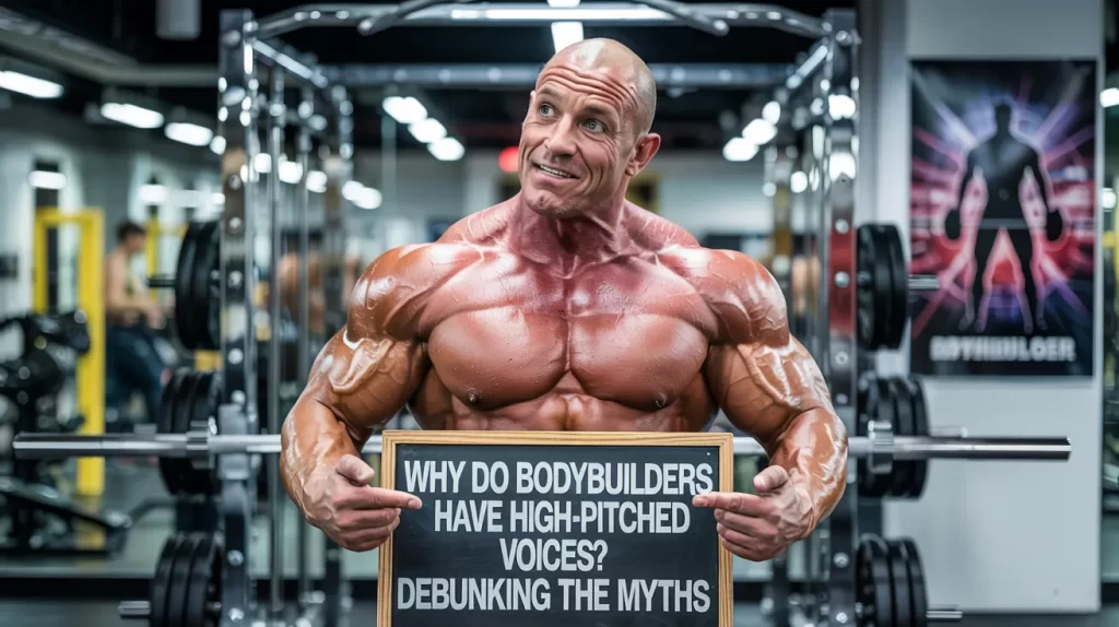 Bodybuilder holding a sign explaining Why Do Bodybuilders Have High-Pitched Voices in a gym setting