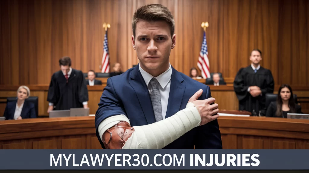 Injured man with a bandaged arm standing in a courtroom, symbolizing personal injury legal support with MyLawyer360.com Injuries