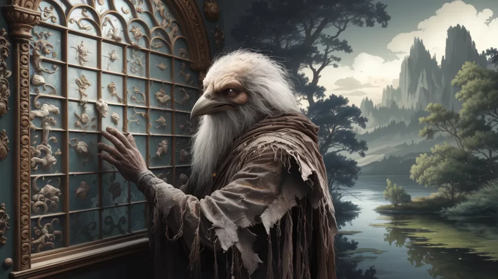 A mystical bird-like figure standing by an ornate window, with a dramatic forest landscape in the background, symbolizing fantasy and mystery.