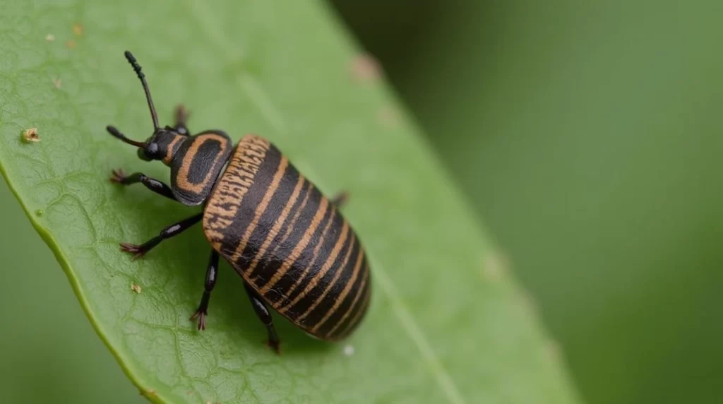 Striped beetle on a leaf symbolizing spiritual protection and renewal