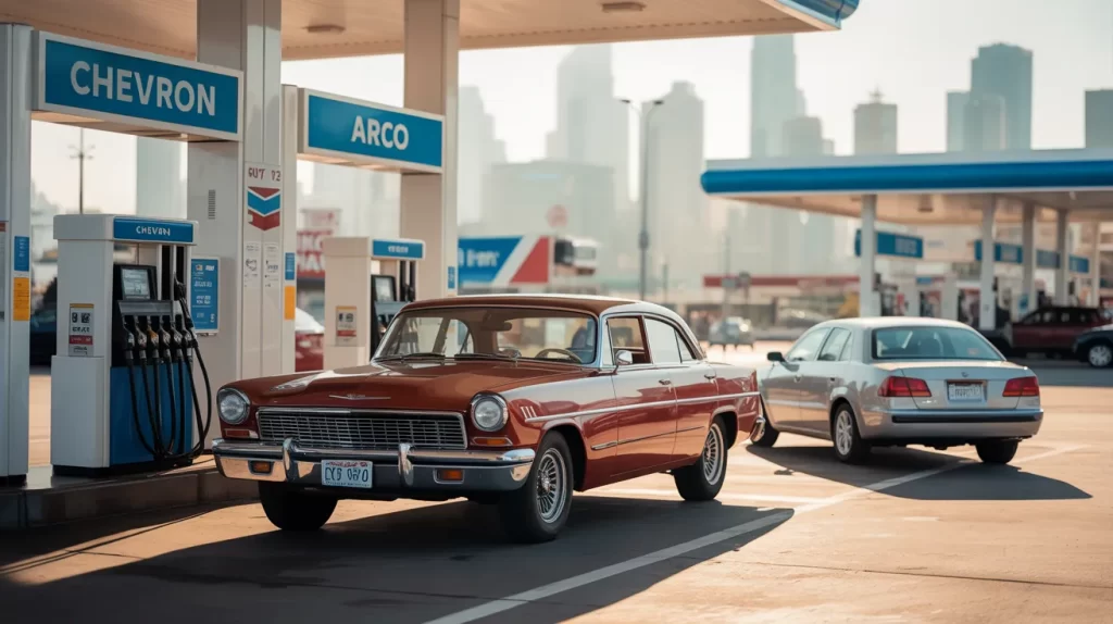 Gas stations side-by-side showing Chevron and Arco fuel price difference